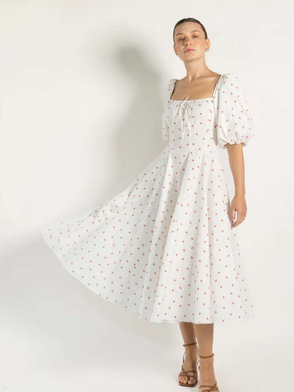Selkie cotton midi day dress in "la fraise"